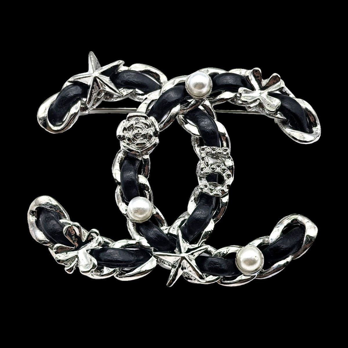 Women CC Silver Leather Brooch
